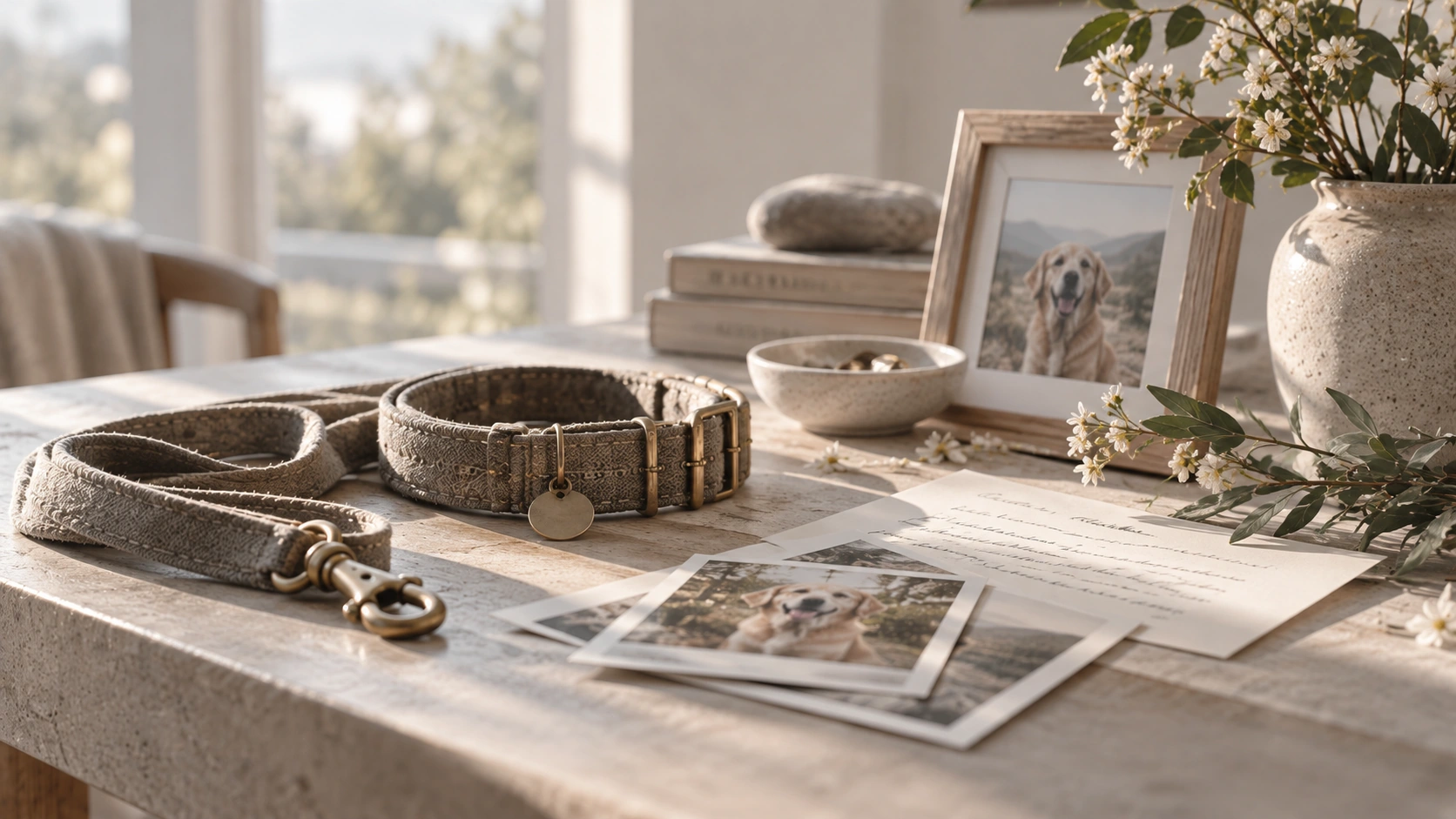A dog collar and leash beside photographs, a handwritten note and flowers