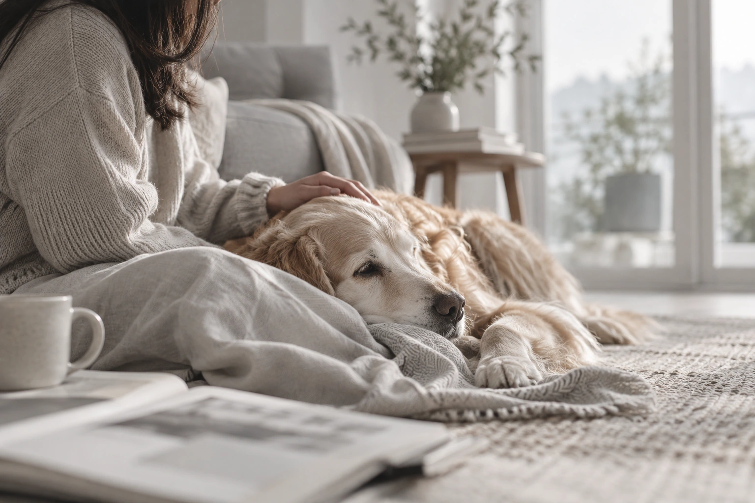 A person gently resting a hand on a Golden Retriever at home